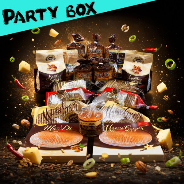 Készíts egy új képet ennek a felhasználásával, a cél: webshopon látható party-csomagajánlat. A kép tartalmazhat food-explosion elemeket sajtdarabok, kömény, póréhagyma-karika, csilipaprika, mandula, dió de ne legyen túl sok. Kontrasztos hátteret használj, legyen olyan hangulata, hogy a vásárló kedvet kapjon, hogy rendeljen egy ilyen party box-ot. A hangsúlyt a csomagolásokra helyezd. Figyelj arra hogy ne torzítsd az elemeket. Kicsit legyen jobban alulnézetből ábrázolva, heroikus pozícióban a csomagolás-csoport. Igazán étvágygerjesztő legyen. Szöveget ne írj rá! A képet 1:1 képarányban készítsd el.